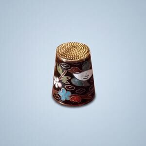 Vintage Brass Cloisonné Thimble Bird Floral Enamel Sewing Collectible